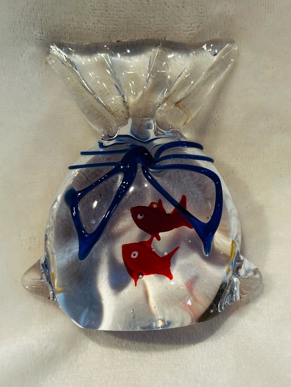 MURANO Style Heavy Art Glass Fish in a Bag 2 Goldfish Aquarium Bowl RARE 5" Vtg